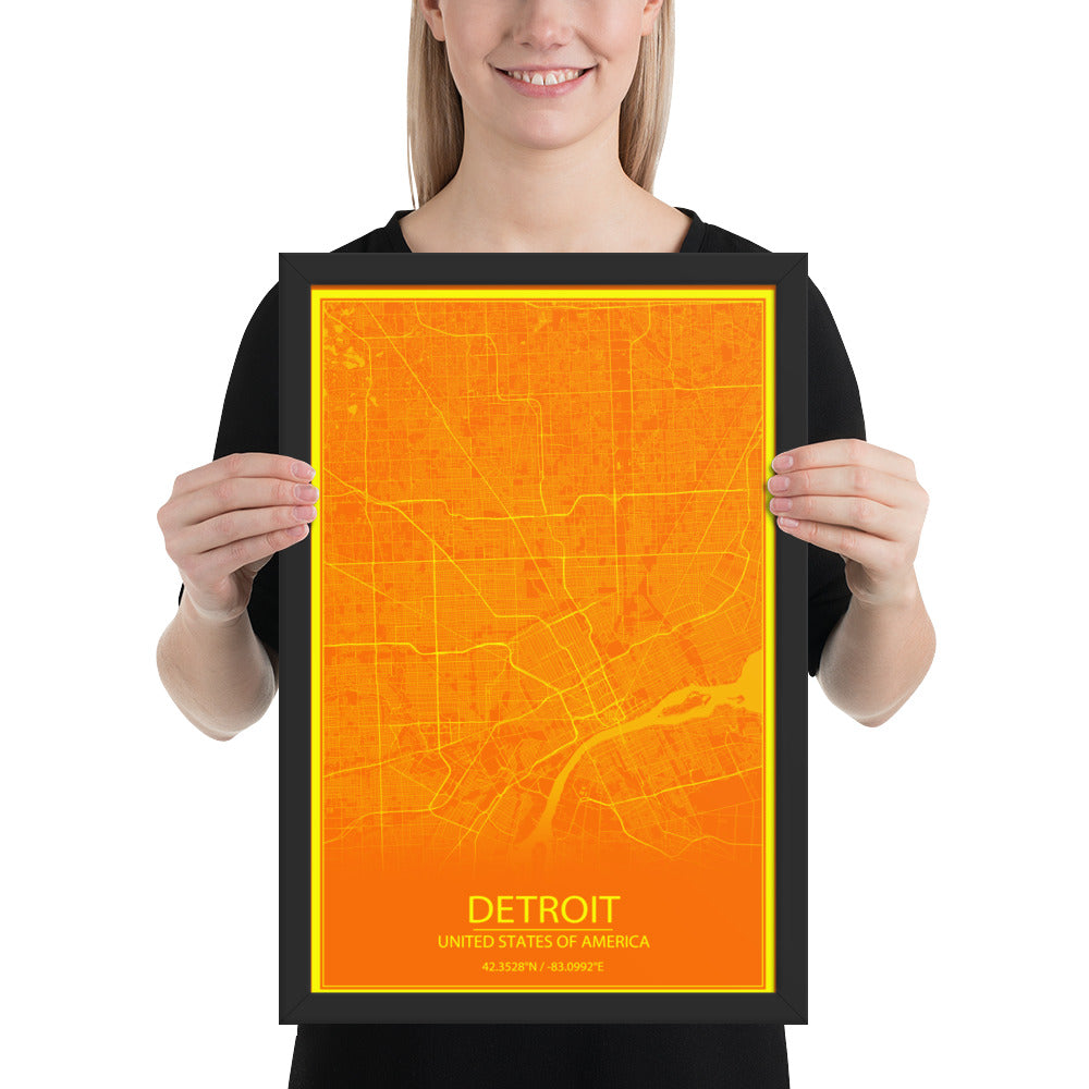 Detroit Orange and Yellow Framed Map