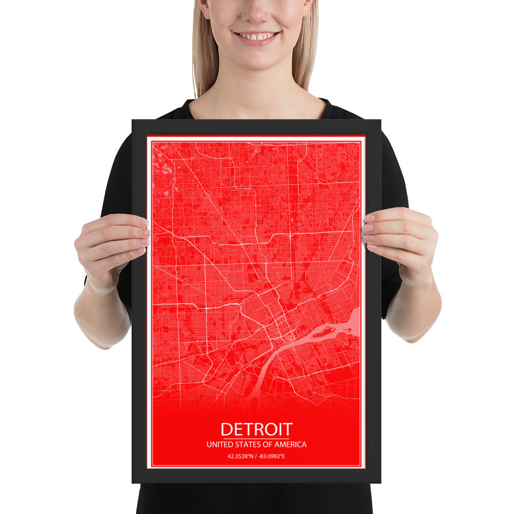 Detroit Red and White Framed Map