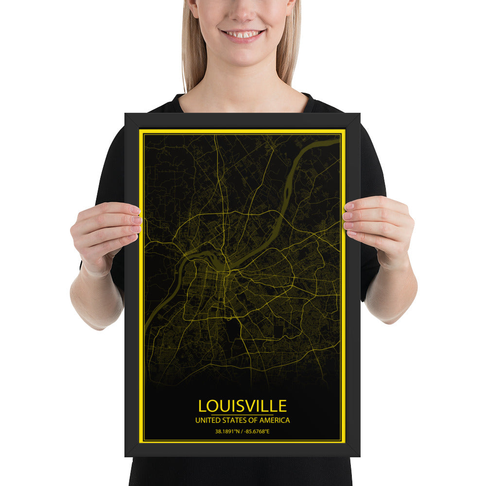 Louisville Black and Yellow Framed Map