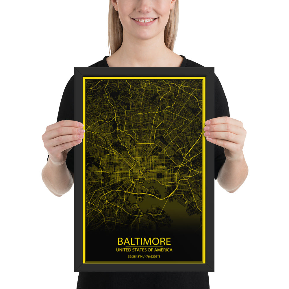 Baltimore Black and Yellow Framed Map