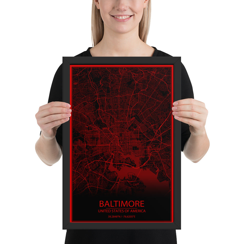 Baltimore Black and Red Framed Map