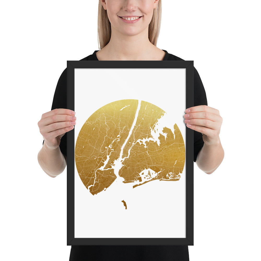 New York Gold on White Framed Map