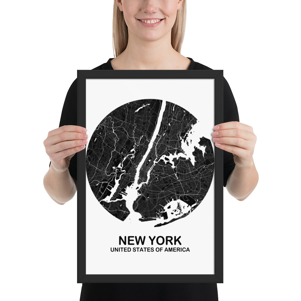 New York Circular Black Framed Map