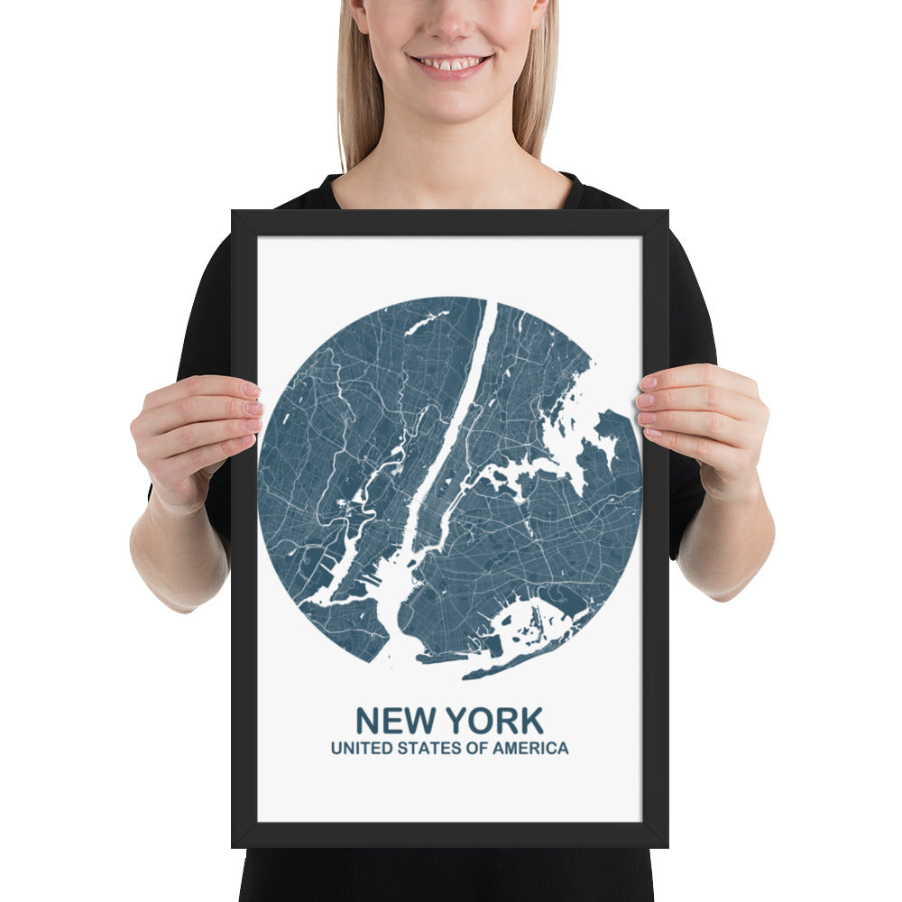 New York Circular Blue Framed Map