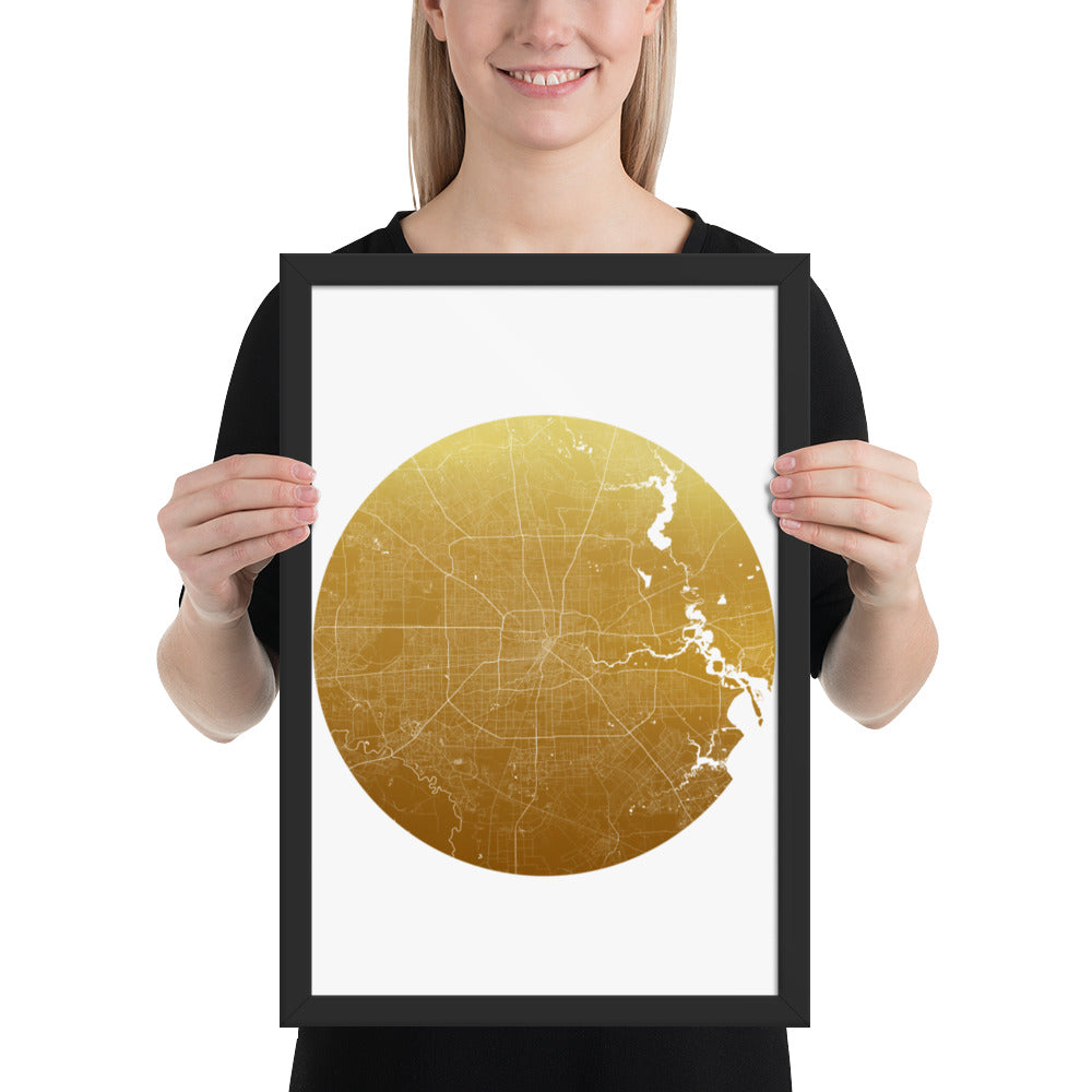 Houston Gold on White Framed Map