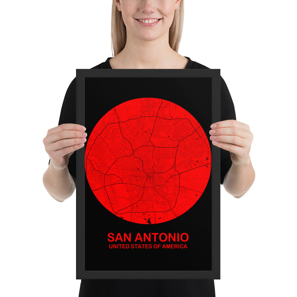 San Antonio Circular Red Framed Map