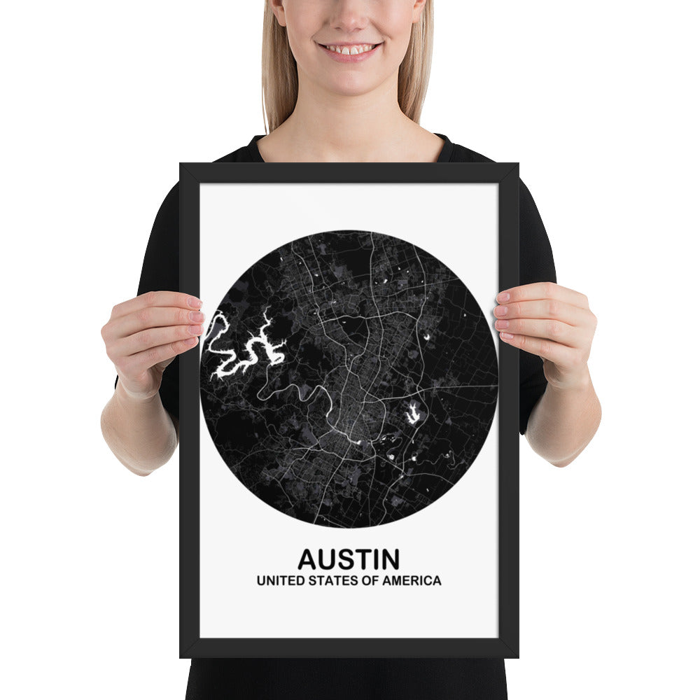 Austin Circular Black Framed Map