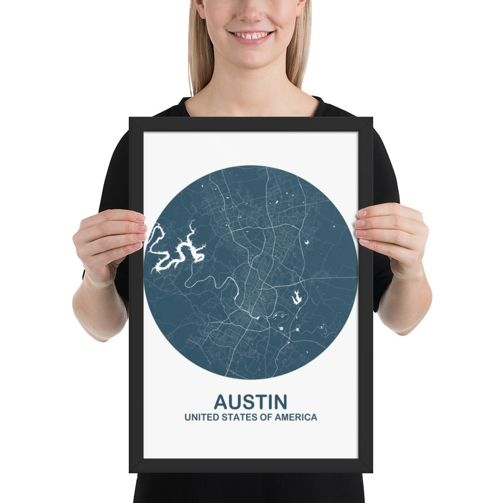 Austin Circular Blue Framed Map