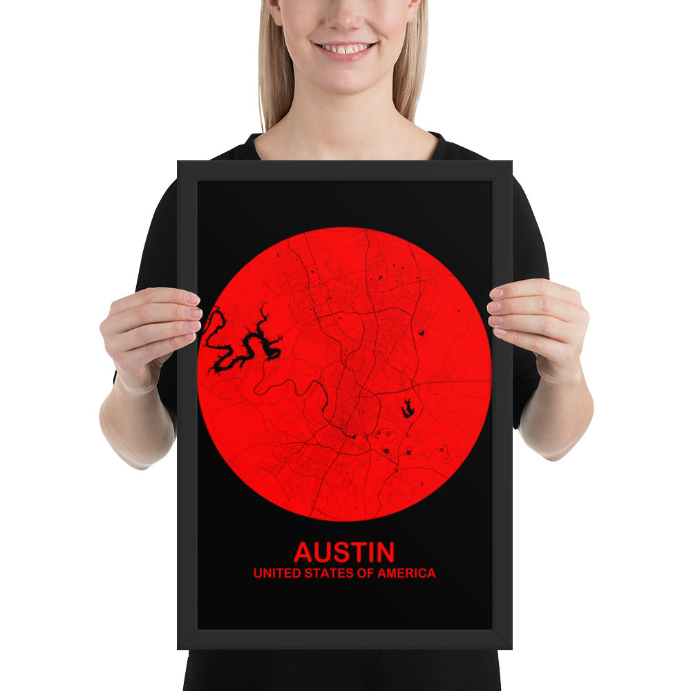 Austin Circular Red Framed Map