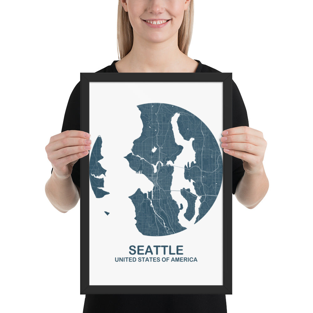 Seattle Circular Blue Framed Map