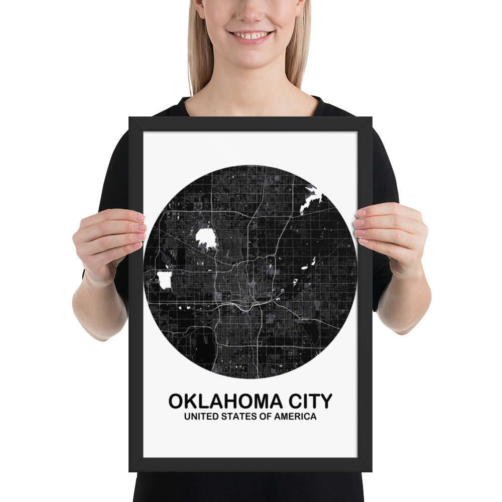 Oklahoma City Circular Black Framed Map