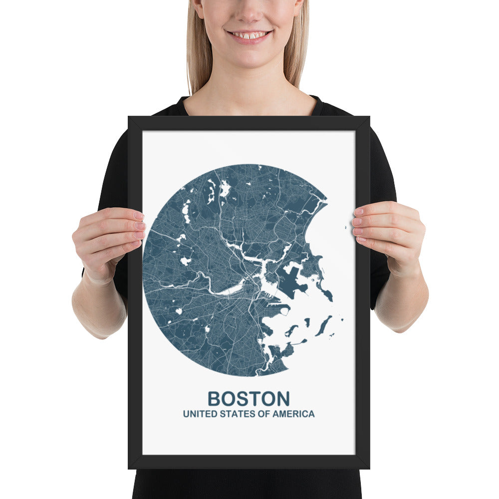 Boston Circular Blue Framed Map