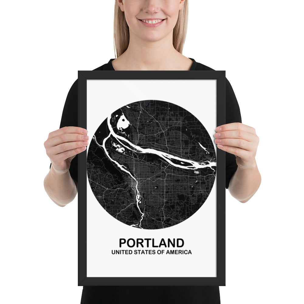 Portland Circular Black Framed Map