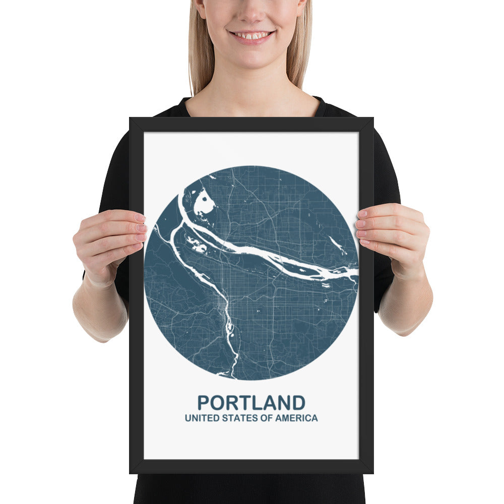 Portland Circular Blue Framed Map