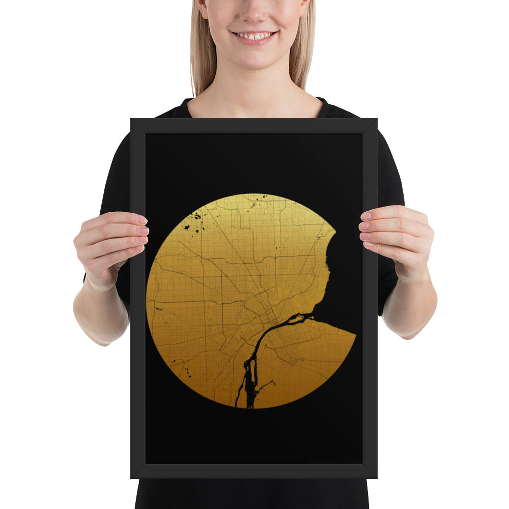 Detroit Gold on Black Framed Map