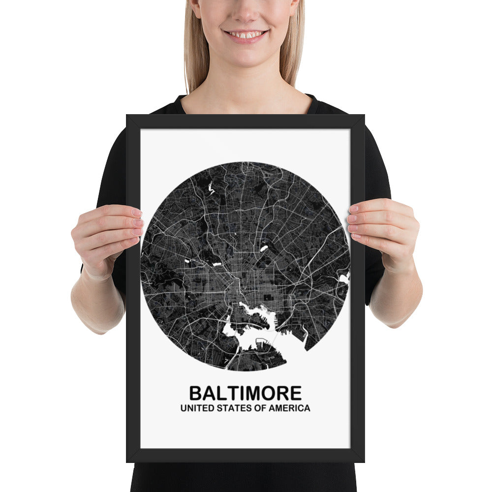 Baltimore Circular Black Framed Map