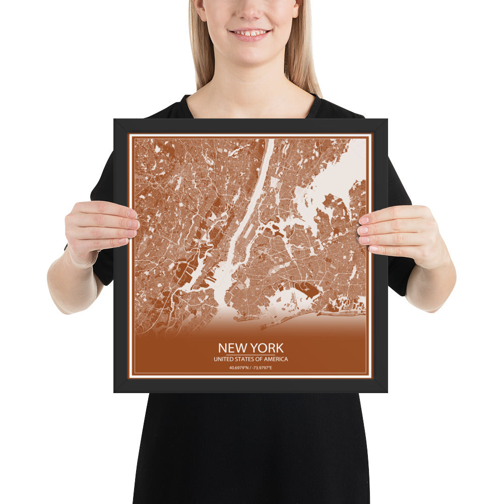 New York Brown and White Framed Map