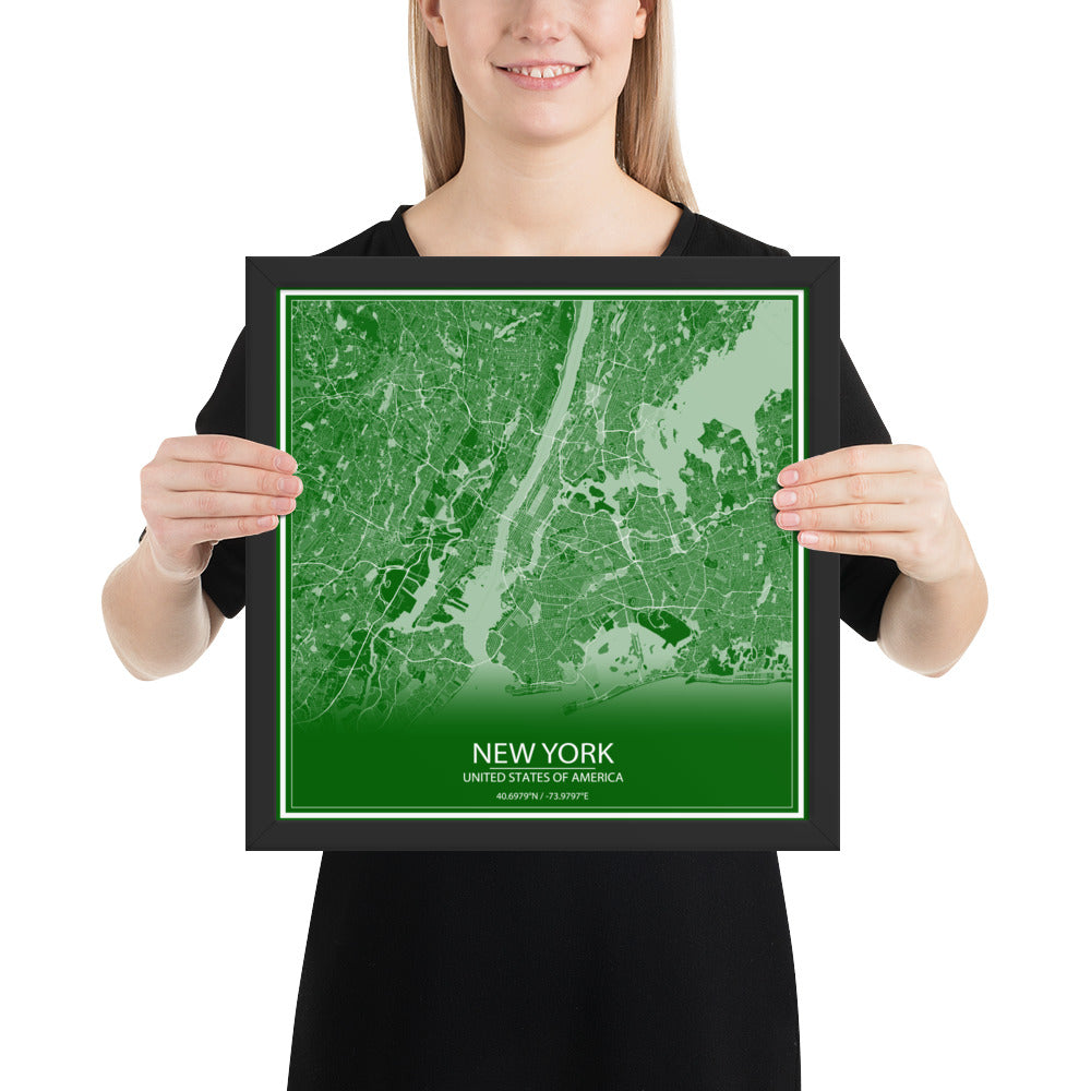 New York Green and White Framed Map