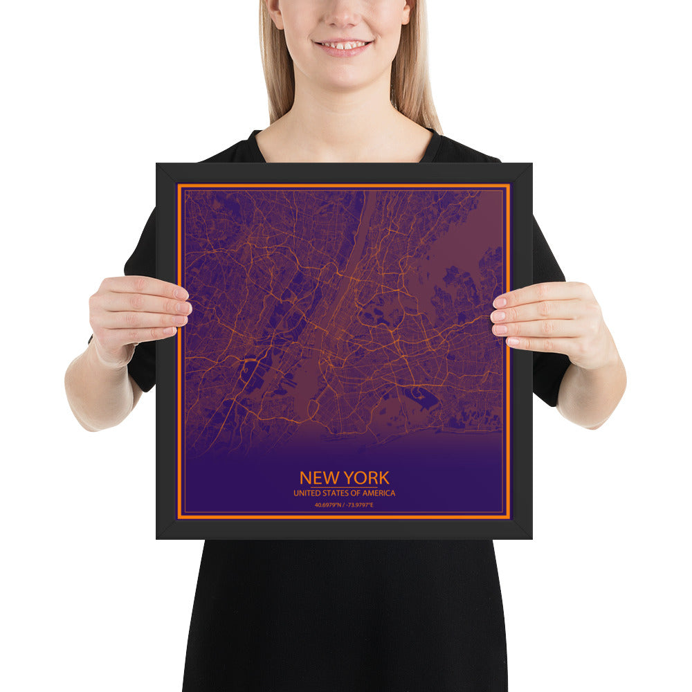 New York Purple and Orange Framed Map