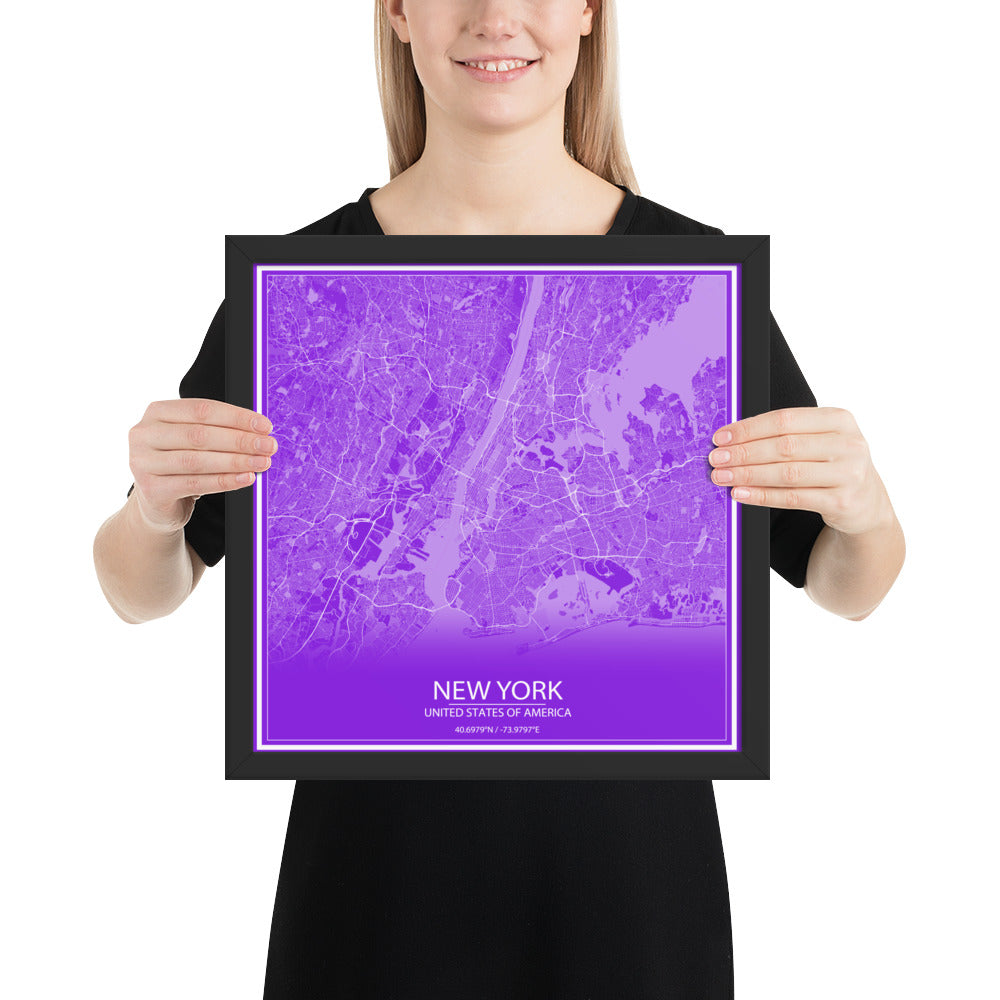 New York Purple and White Framed Map