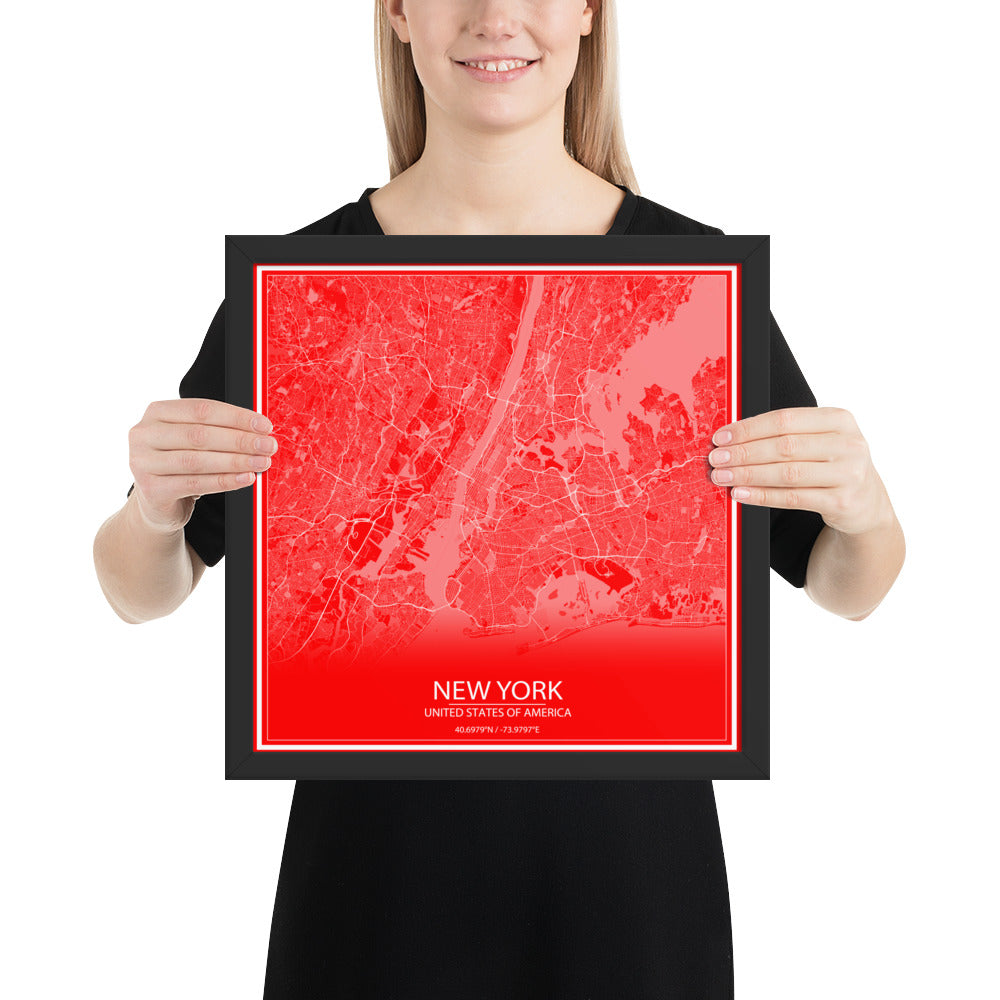 New York Red and White Framed Map