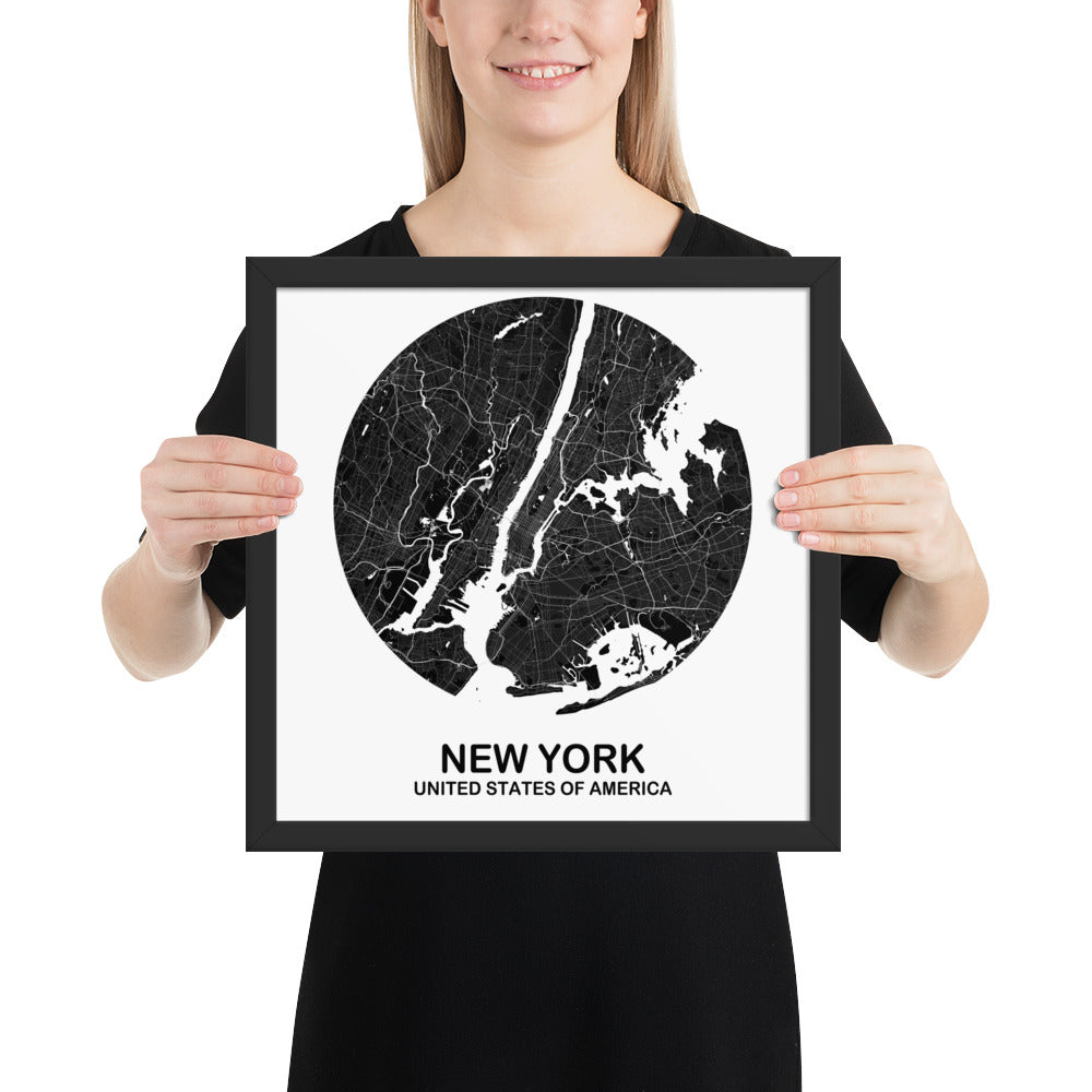 New York Circular Black Framed Map