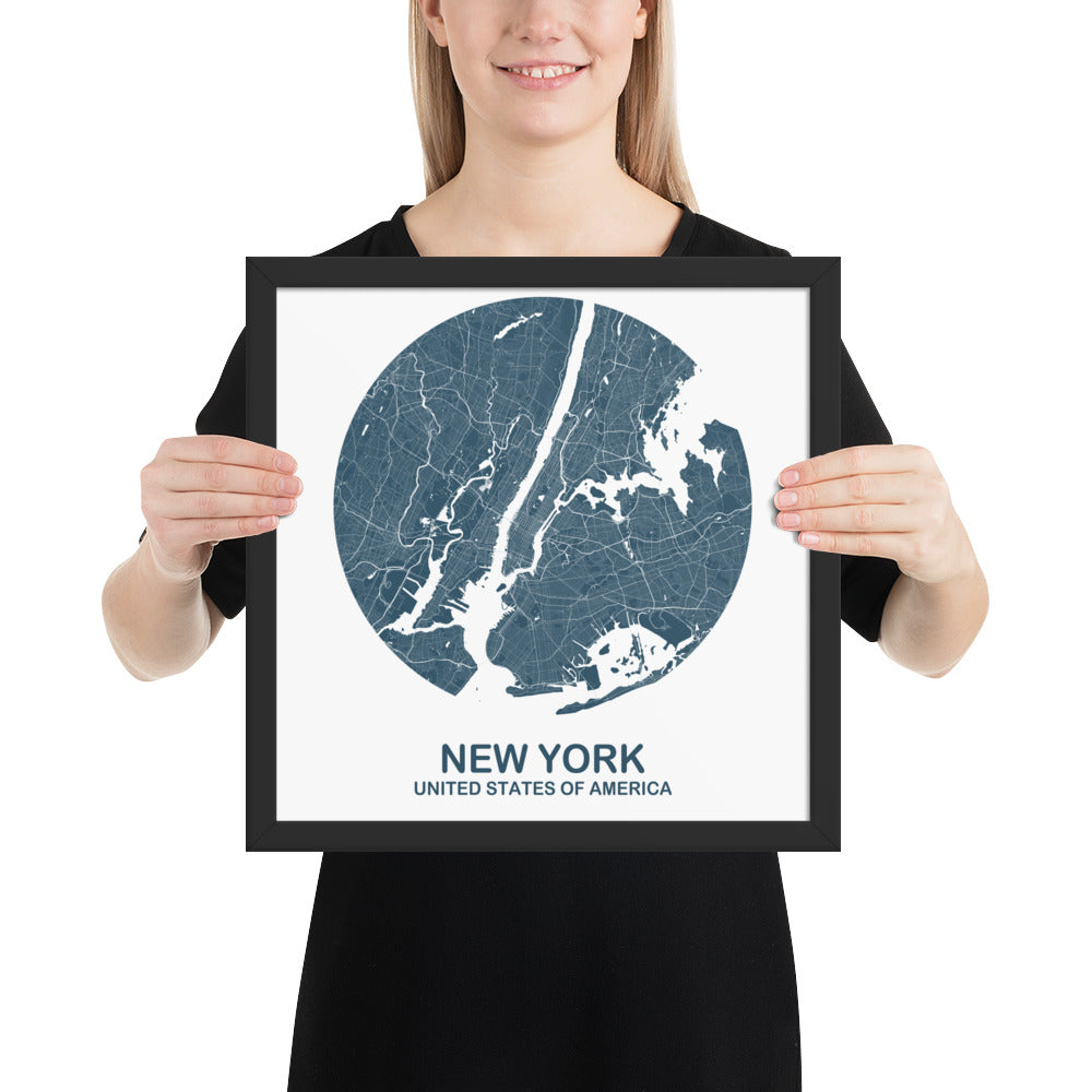 New York Circular Blue Framed Map