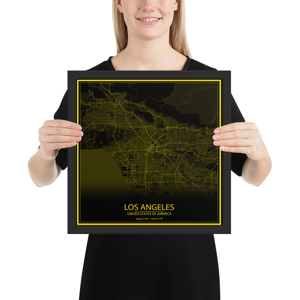 Los Angeles Black and Yellow Framed Map