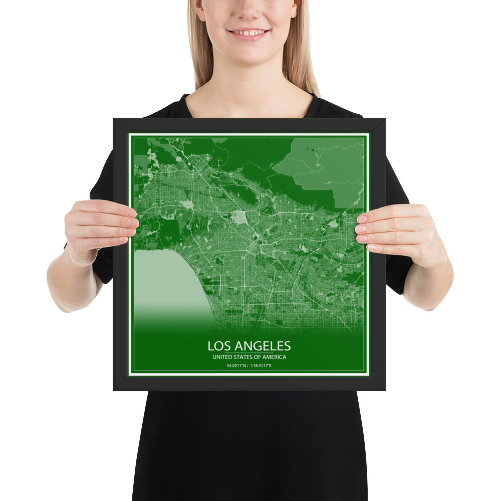 Los Angeles Green and White Framed Map