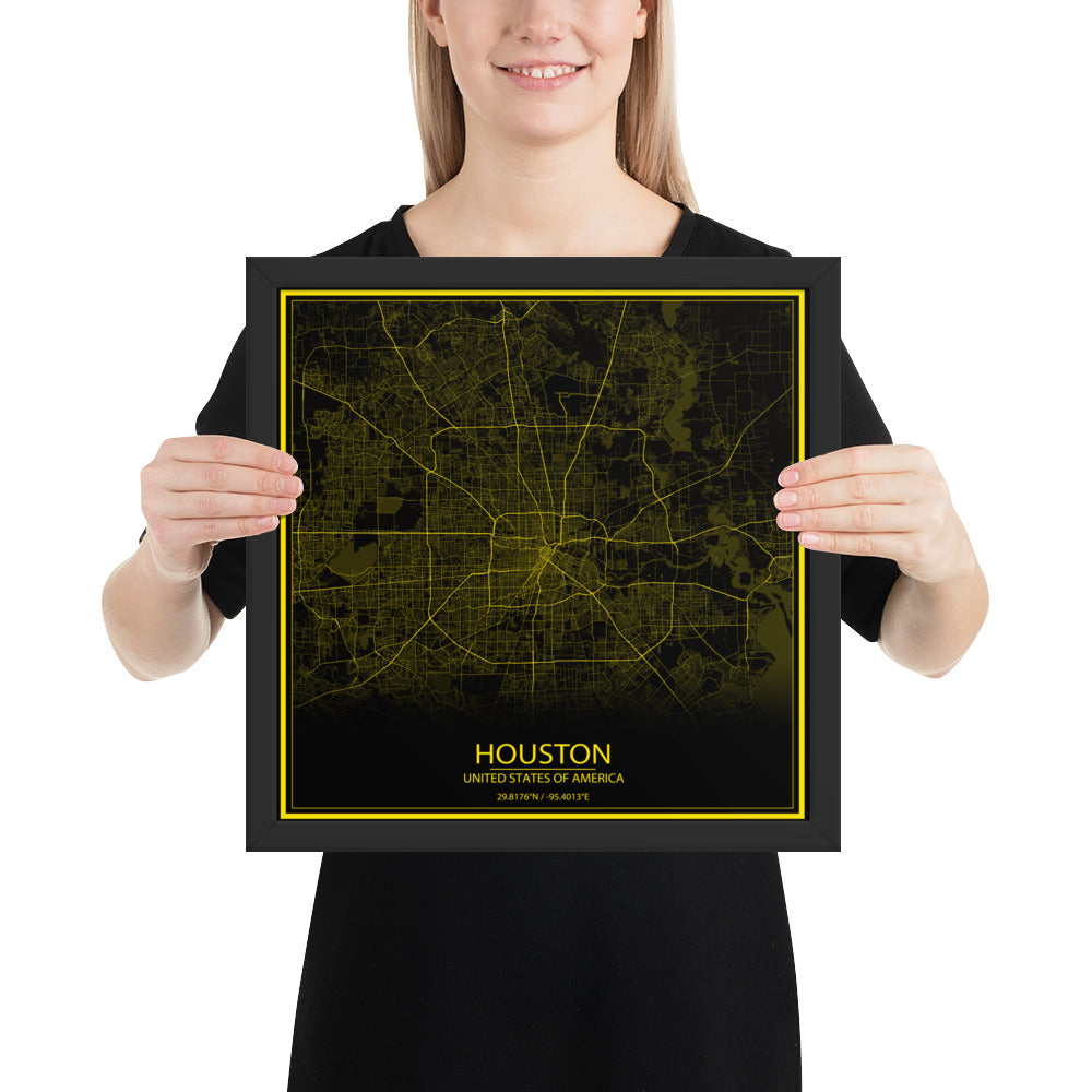 Houston Black and Yellow Framed Map