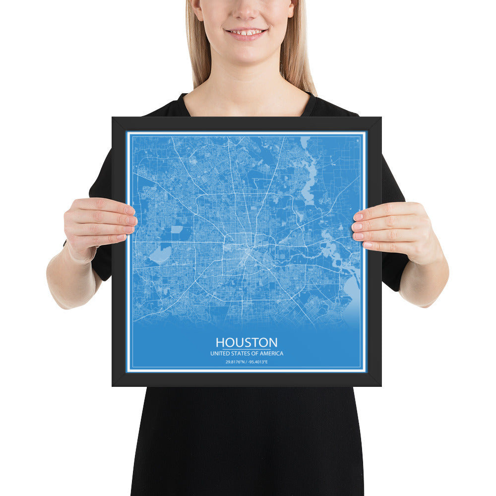 Houston Blue and White Framed Map