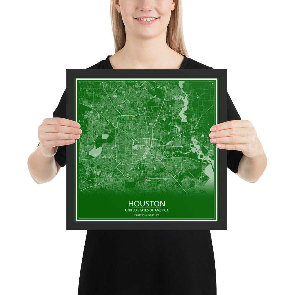 Houston Green and White Framed Map