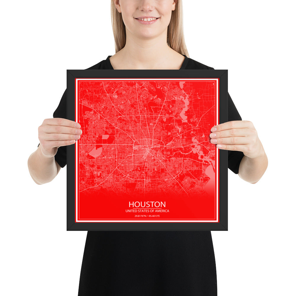 Houston Red and White Framed Map