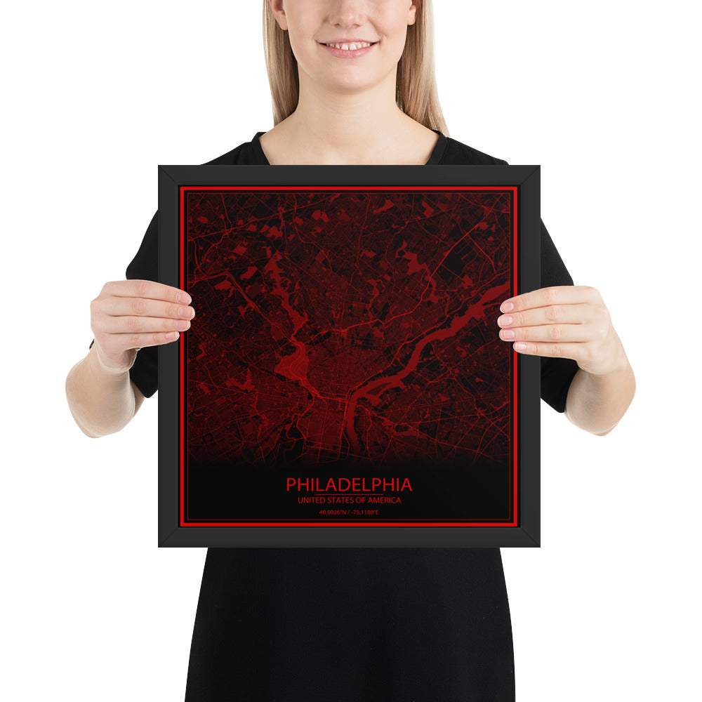 Philadelphia Black and Red Framed Map