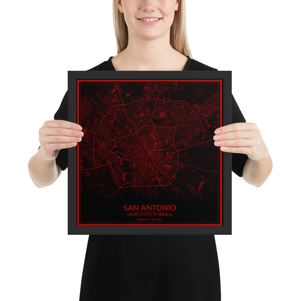 San Antonio Black and Red Framed Map