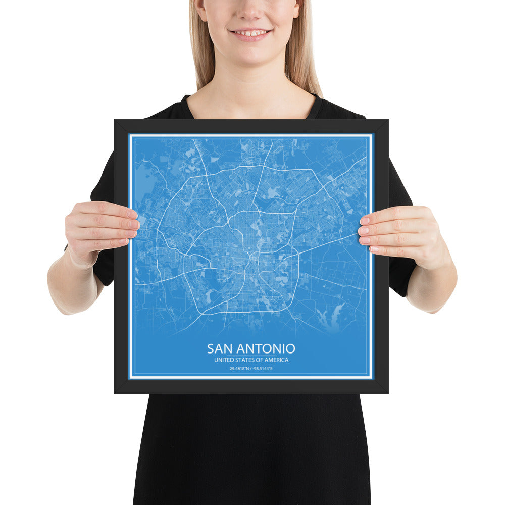 San Antonio Blue and White Framed Map