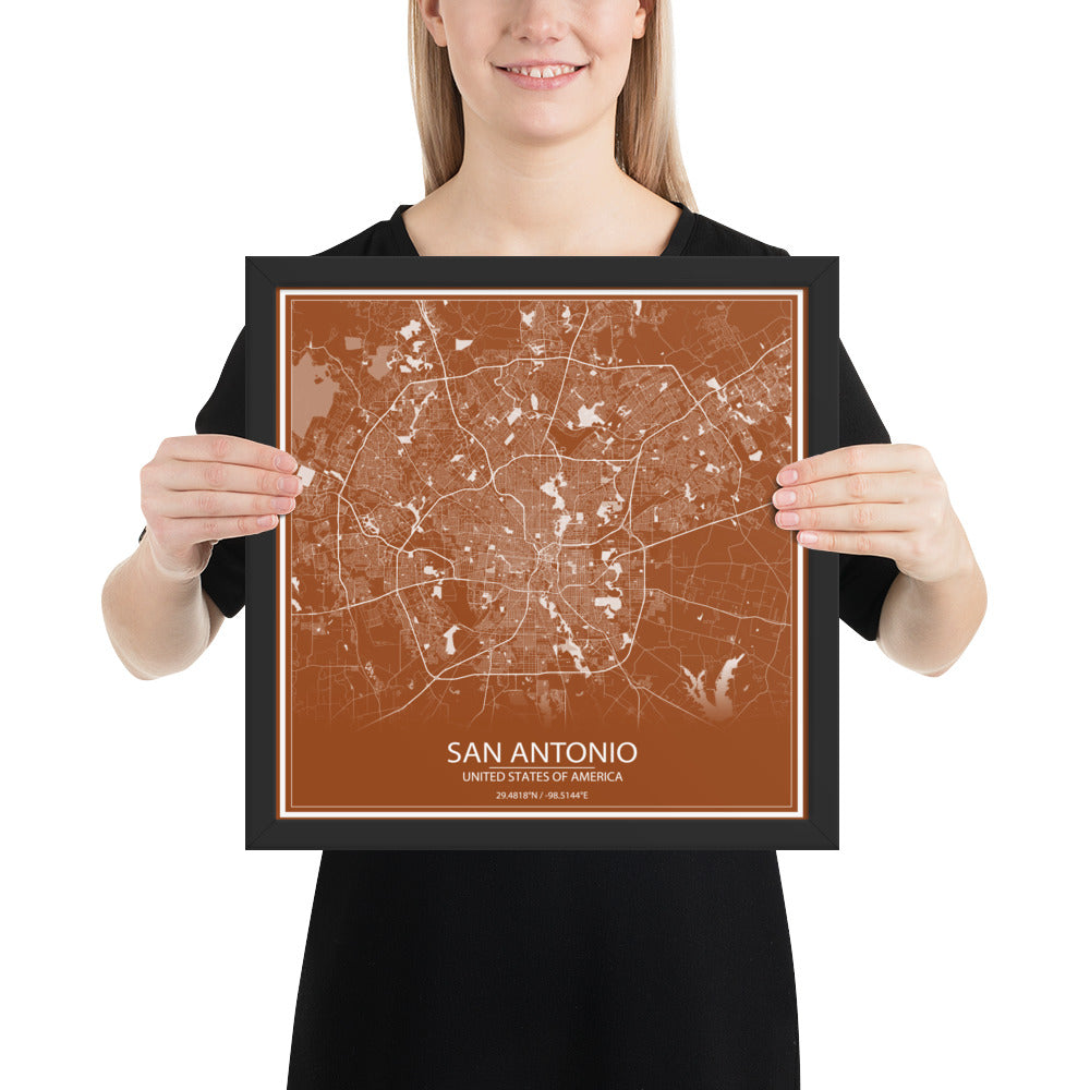 San Antonio Brown and White Framed Map