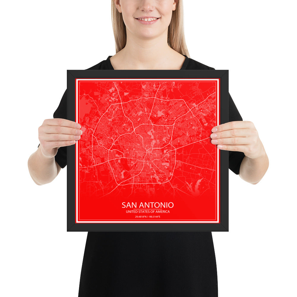 San Antonio Red and White Framed Map