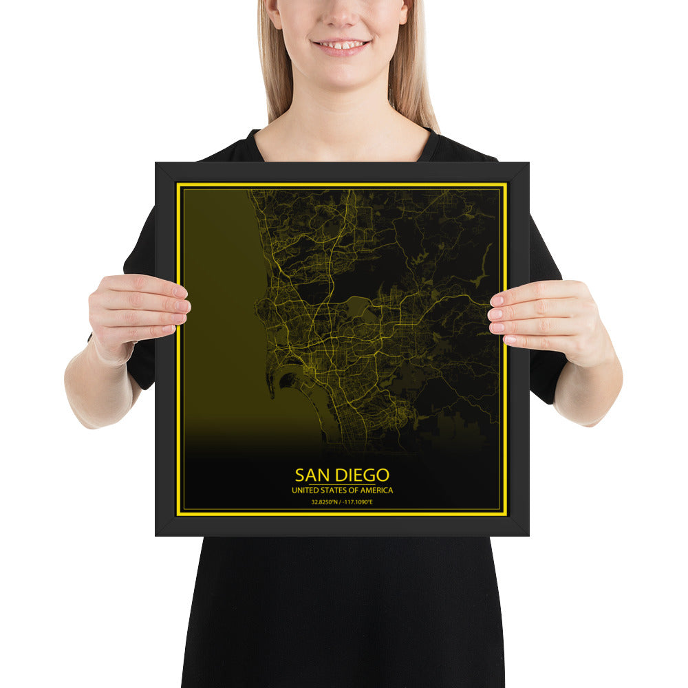 San Diego Black and Yellow Framed Map