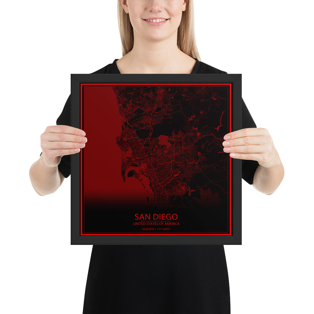 San Diego Black and Red Framed Map