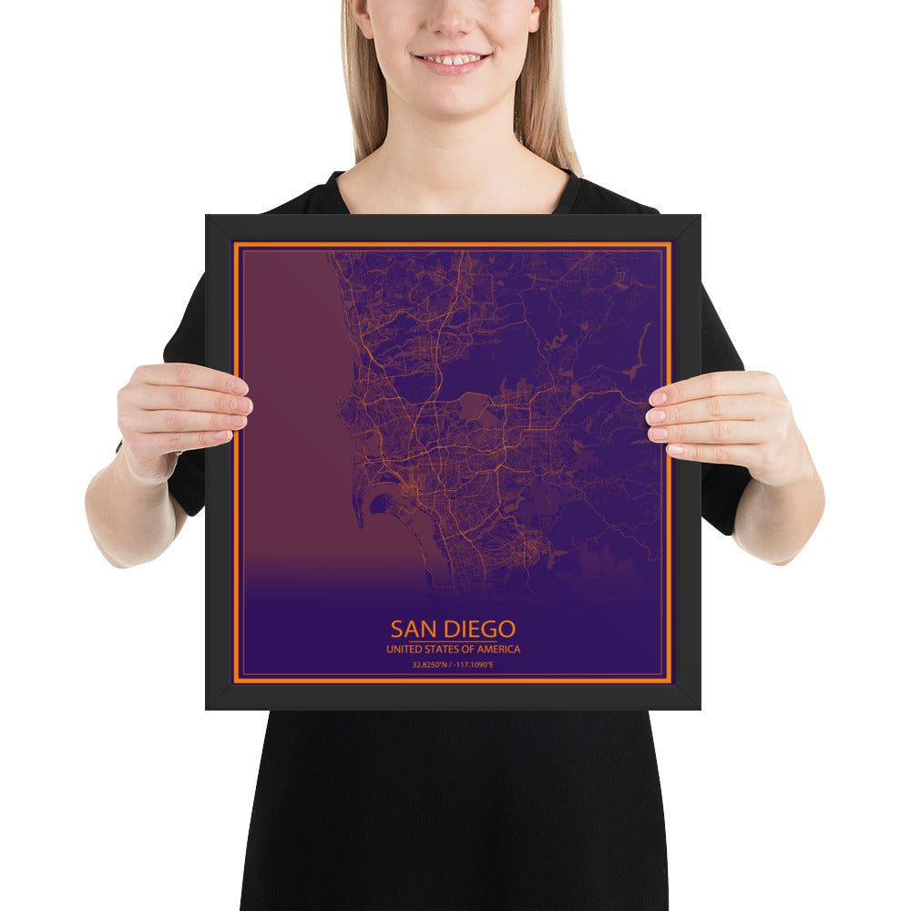 San Diego Purple and Orange Framed Map