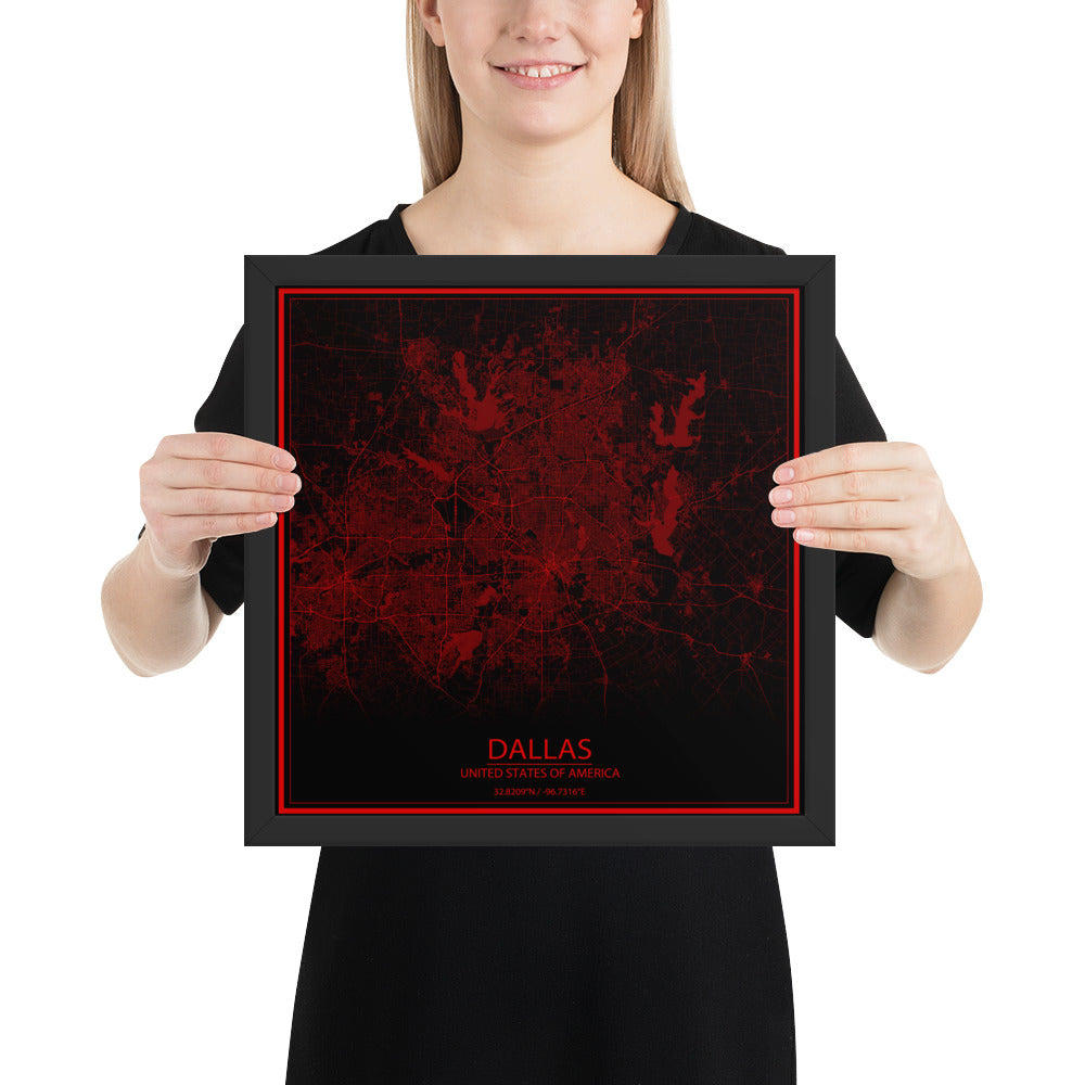 Dallas Black and Red Framed Map