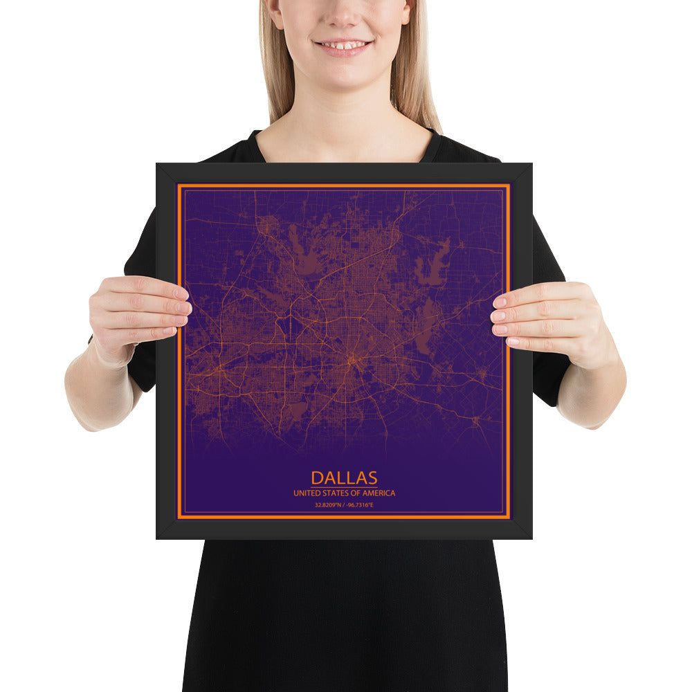 Dallas Purple and Orange Framed Map