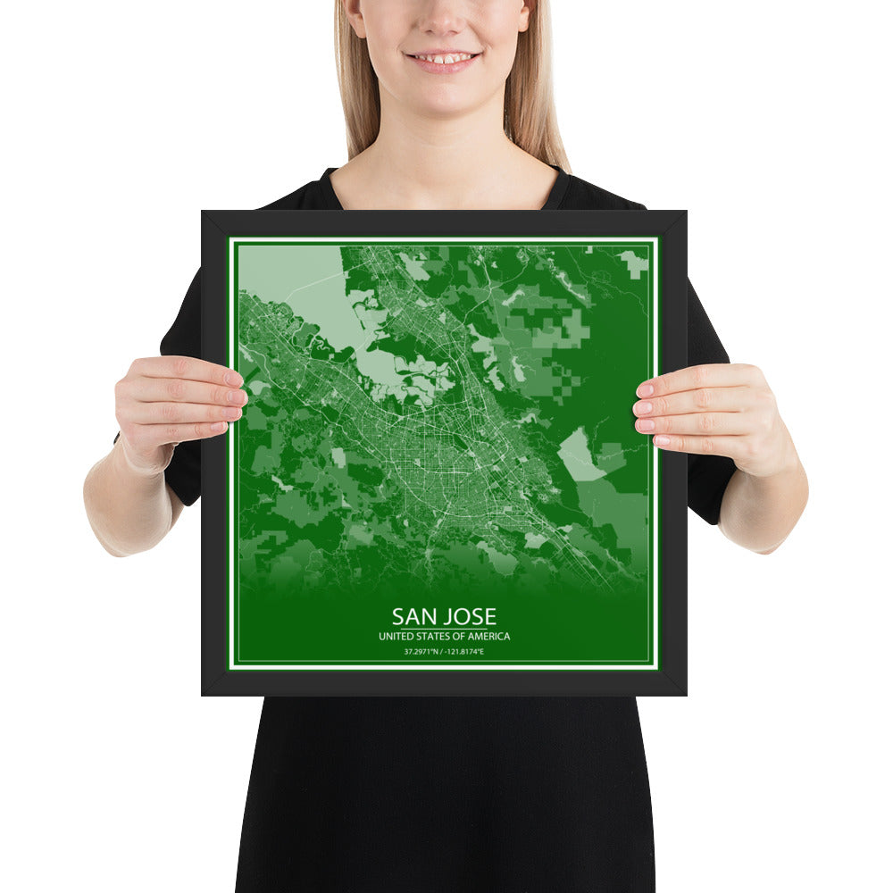 San Jose Green and White Framed Map