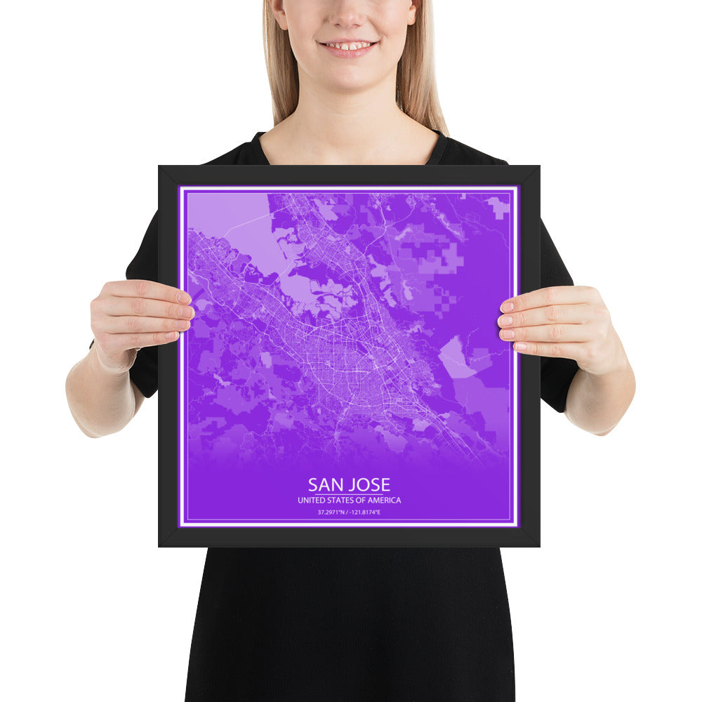 San Jose Purple and White Framed Map