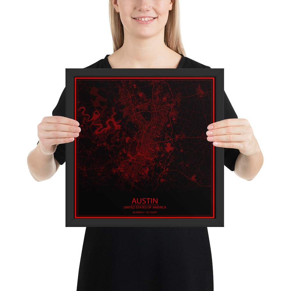 Austin Black and Red Framed Map