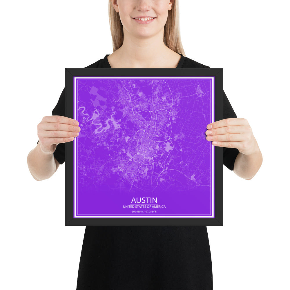 Austin Purple and White Framed Map