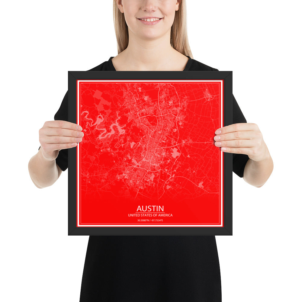 Austin Red and White Framed Map