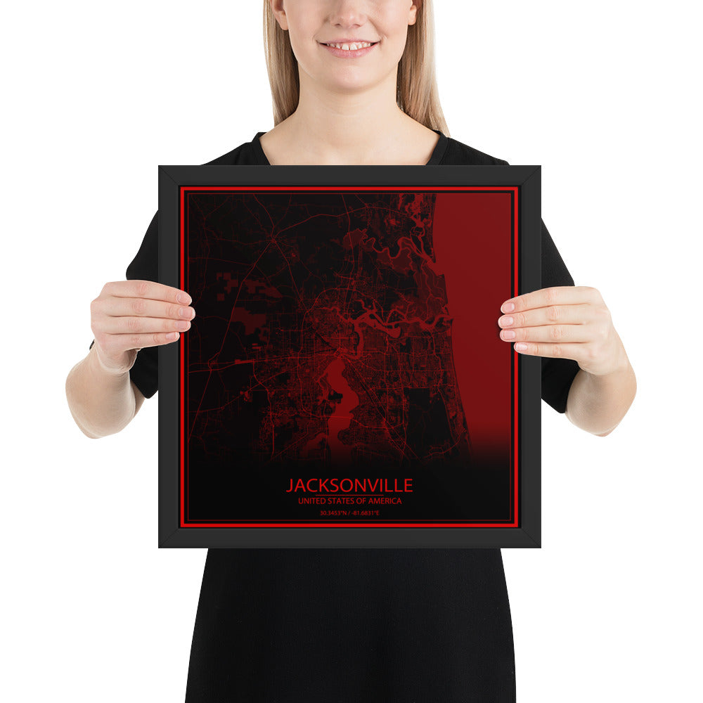 Jacksonville Black and Red Framed Map