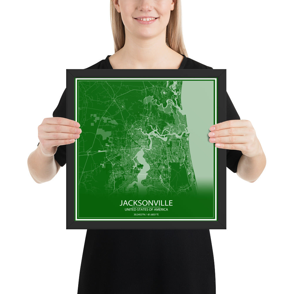 Jacksonville Green and White Framed Map